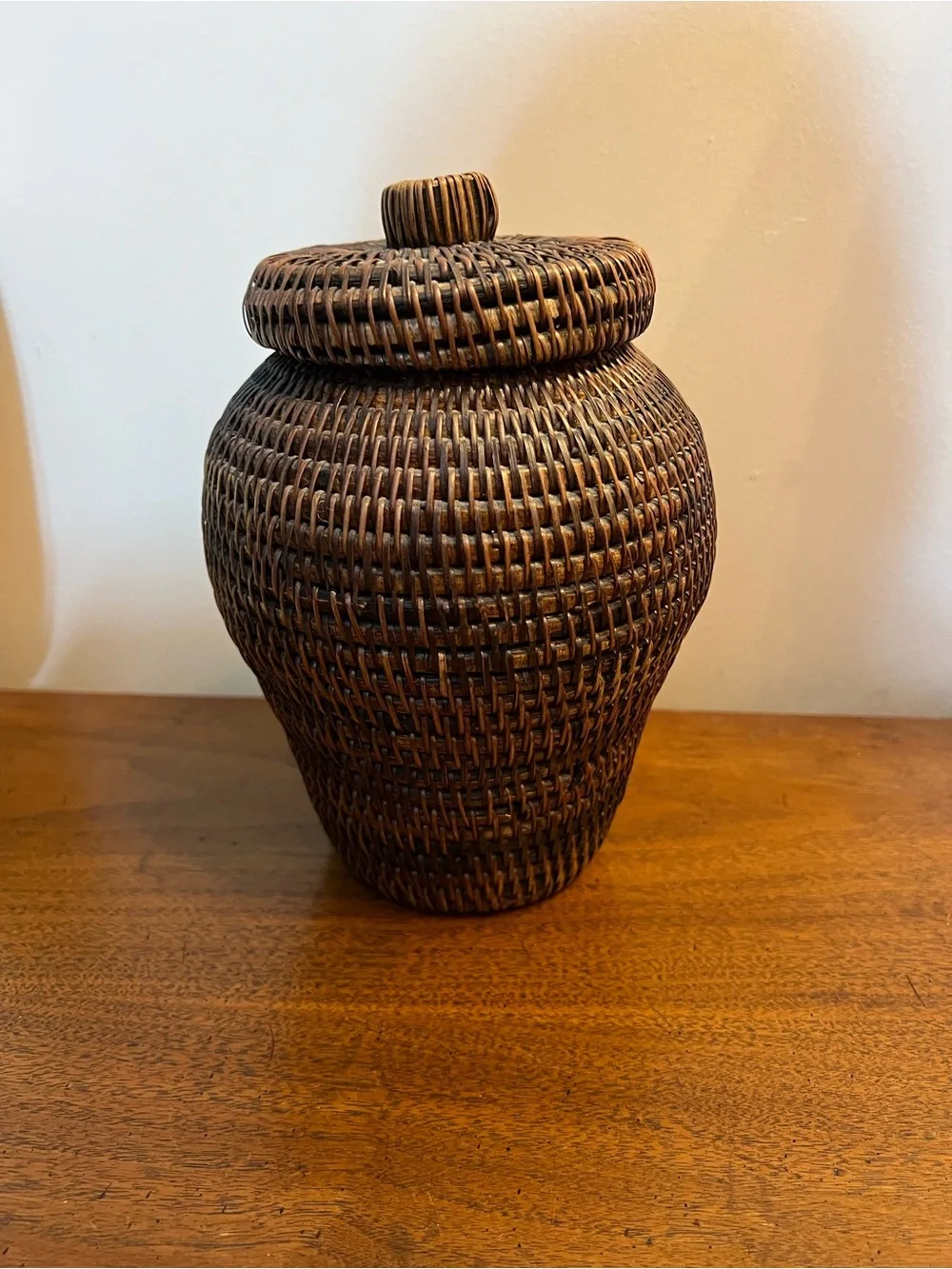 Vintage Handwoven Brown Rattan Decorative Lidded Rice Jar from the Philippines
